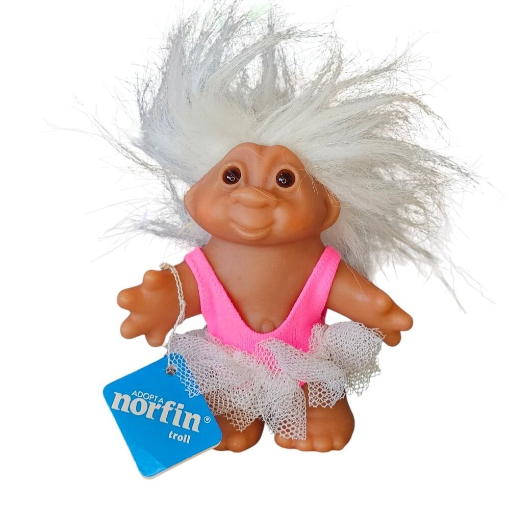 VTG Norfin Troll Doll Ballerina Pink‎ Tutu White Hair W Tag 5400 1986 5 Inches